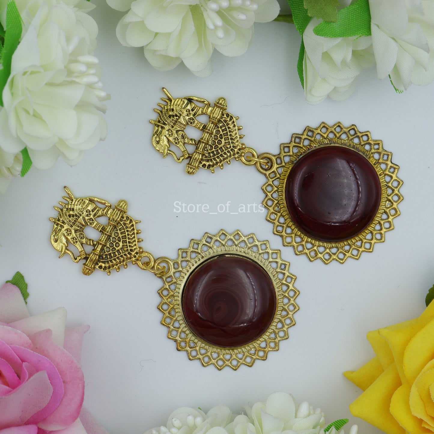 Brown Gold Oxidized Elephant Earrings for women