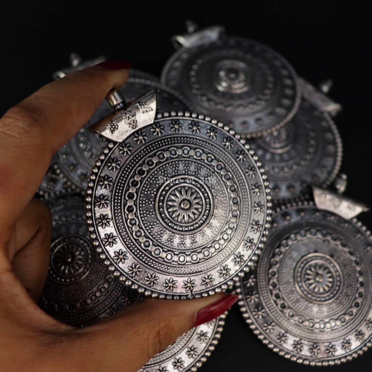 Oxidized Silver Round Pendant For Necklace Making, Pack of 10pcs