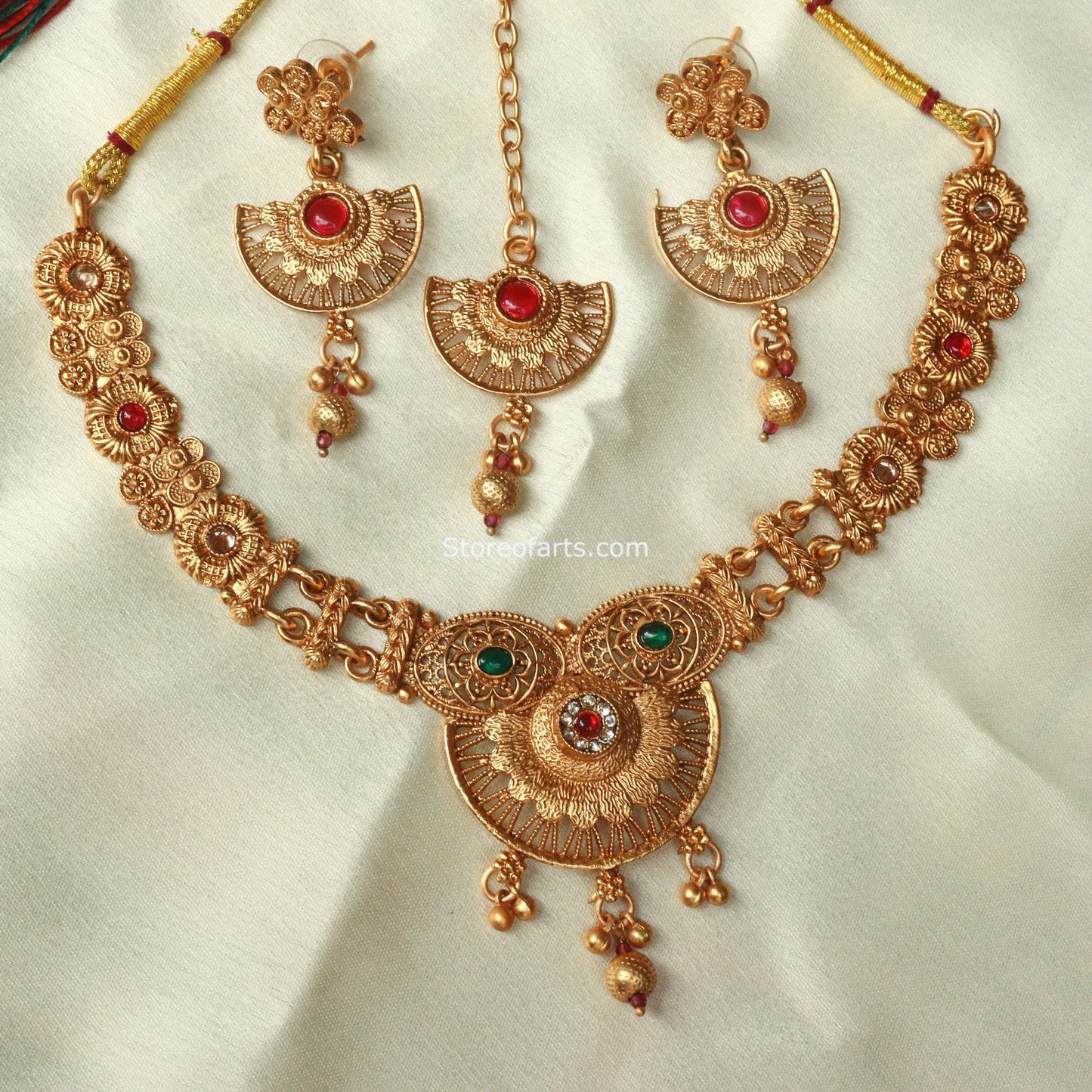 Beautiful Red Stone Temple Jewelry Set with Intricate Designs