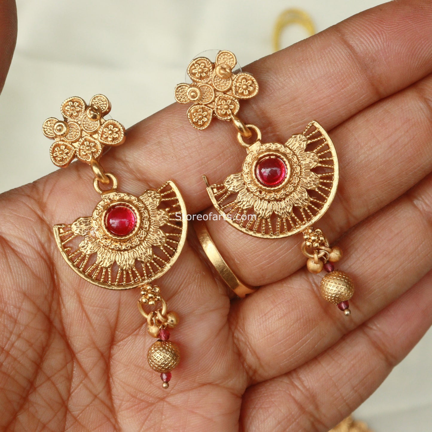 Beautiful Red Stone Temple Jewelry Set with Intricate Designs