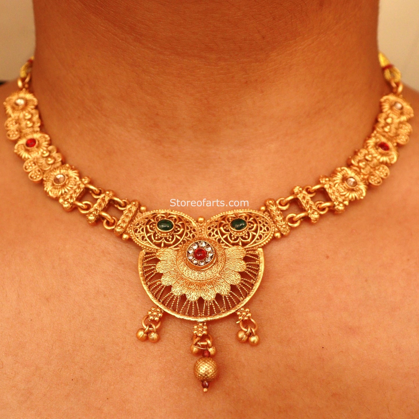 Beautiful Red Stone Temple Jewelry Set with Intricate Designs