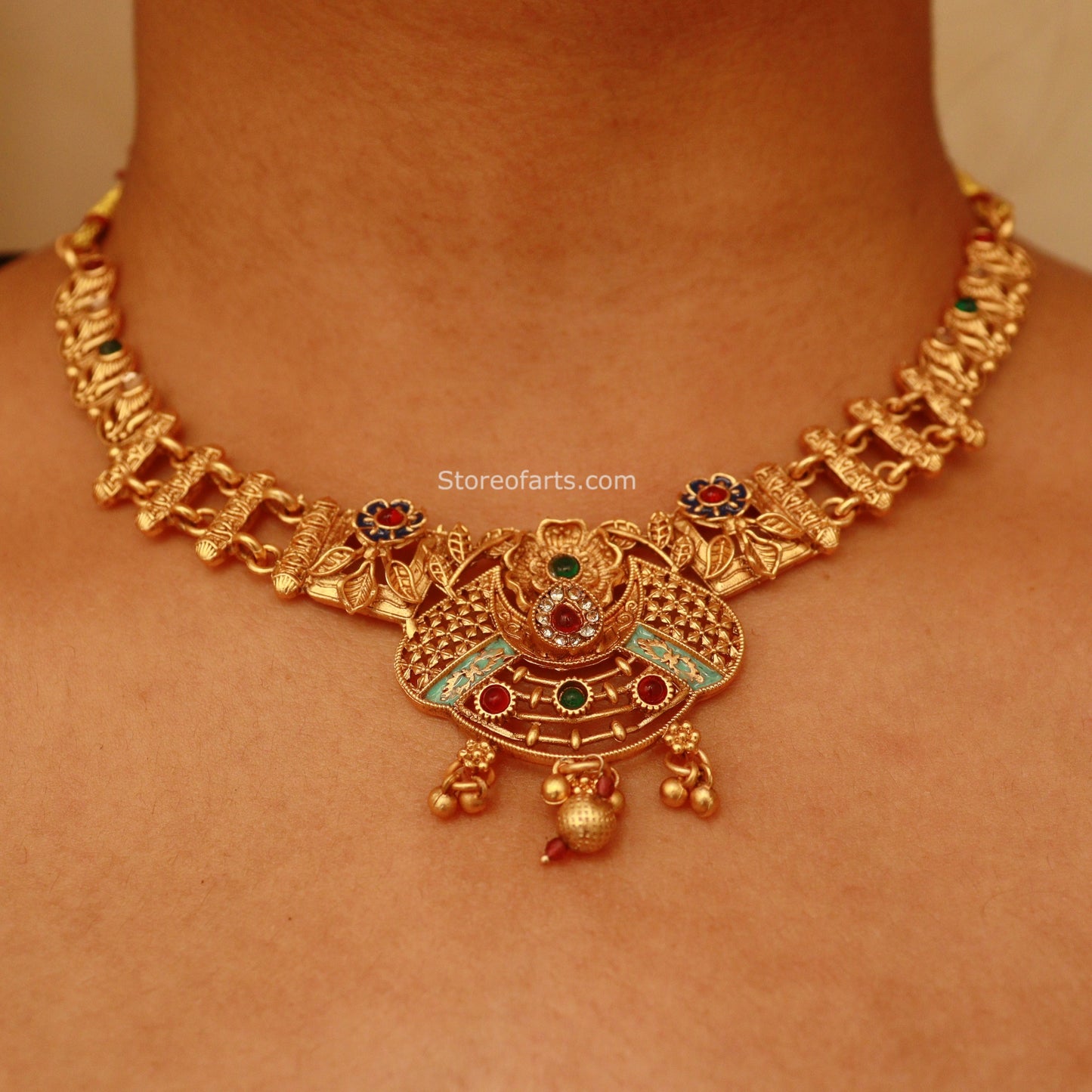 Gold Finish Temple Necklace jewelry with Floral Motifs