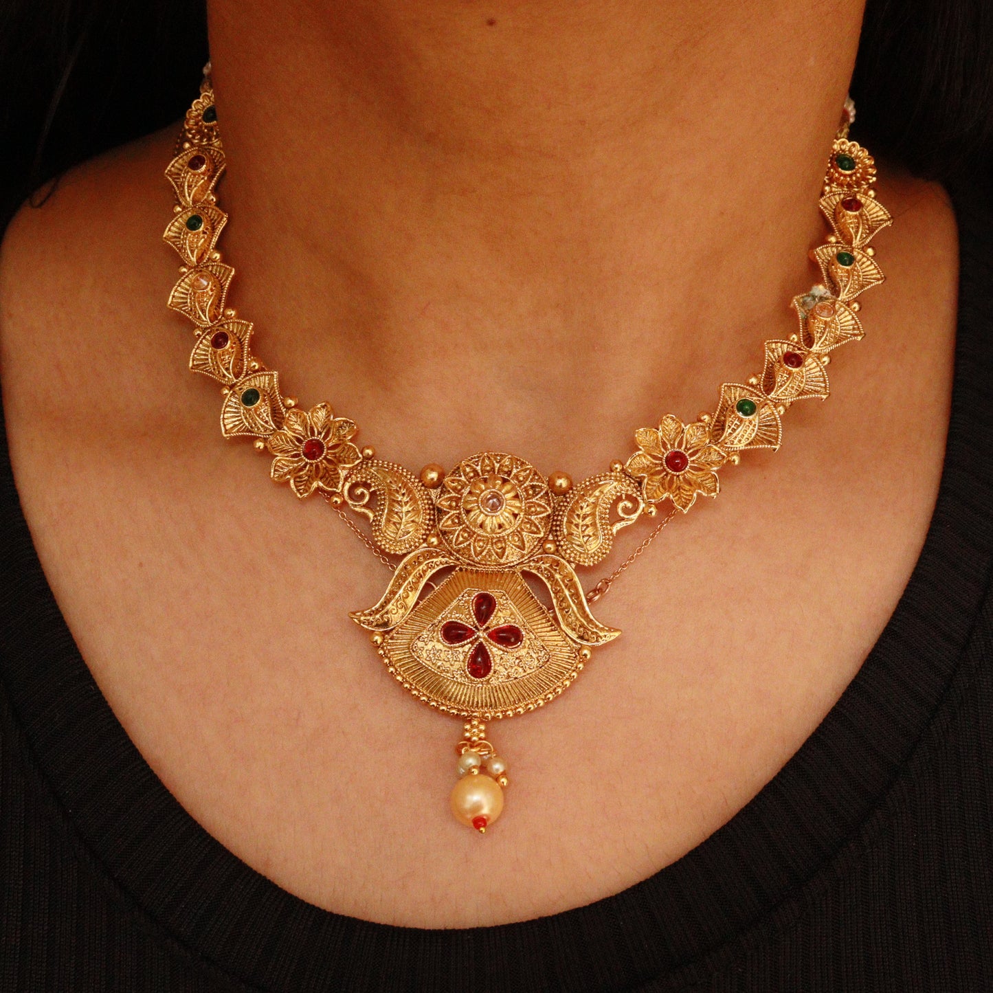 Gold Plated Temple Necklace Featuring Floral Patterns