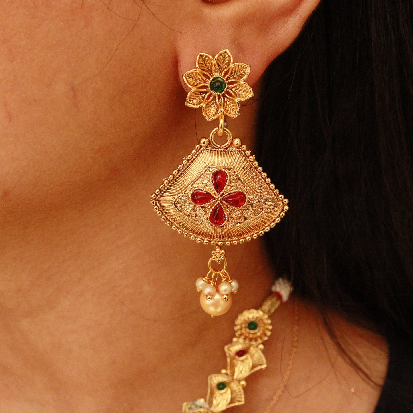 Gold Plated Temple Necklace Featuring Floral Patterns