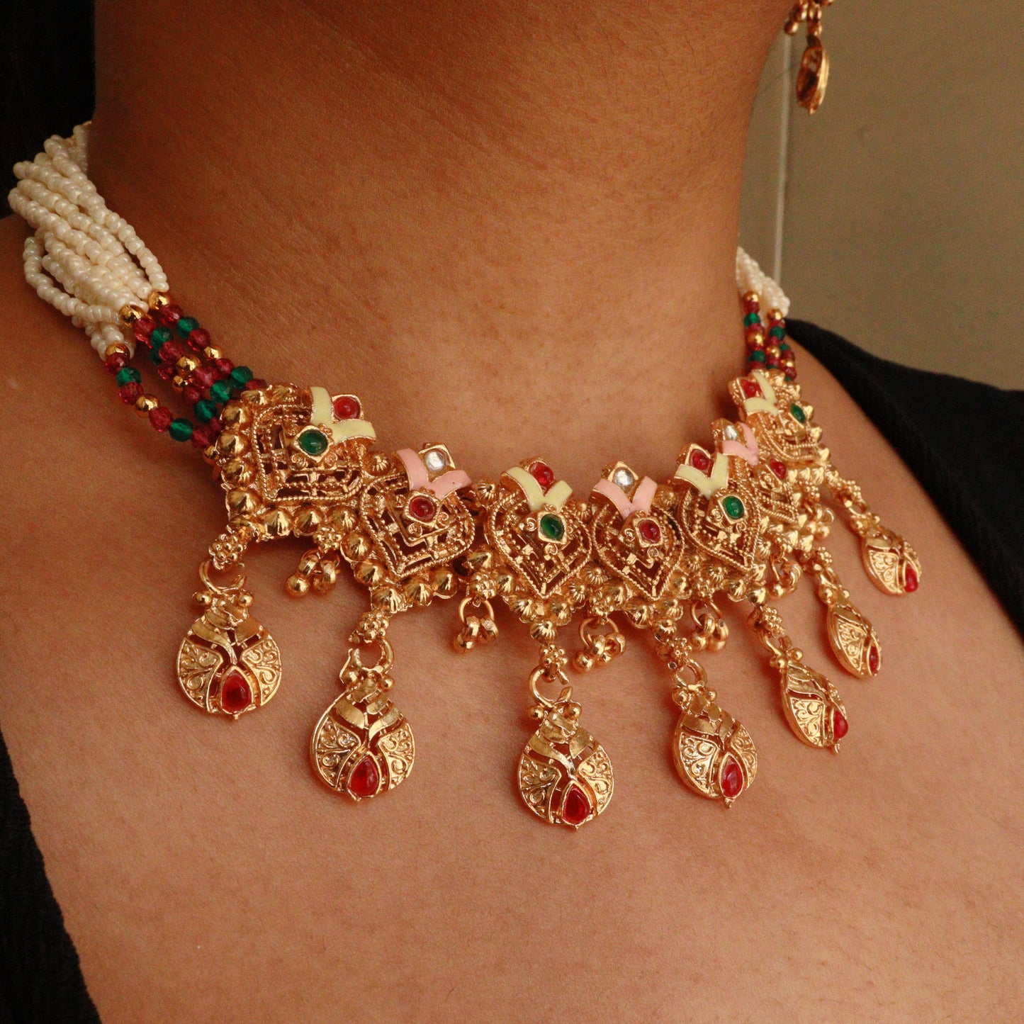 Temple Jewelry Set for Women – Antique Gold-Tone Choker Necklace with Earrings | Red & Green Stones | South Indian Bridal & Festive Wear