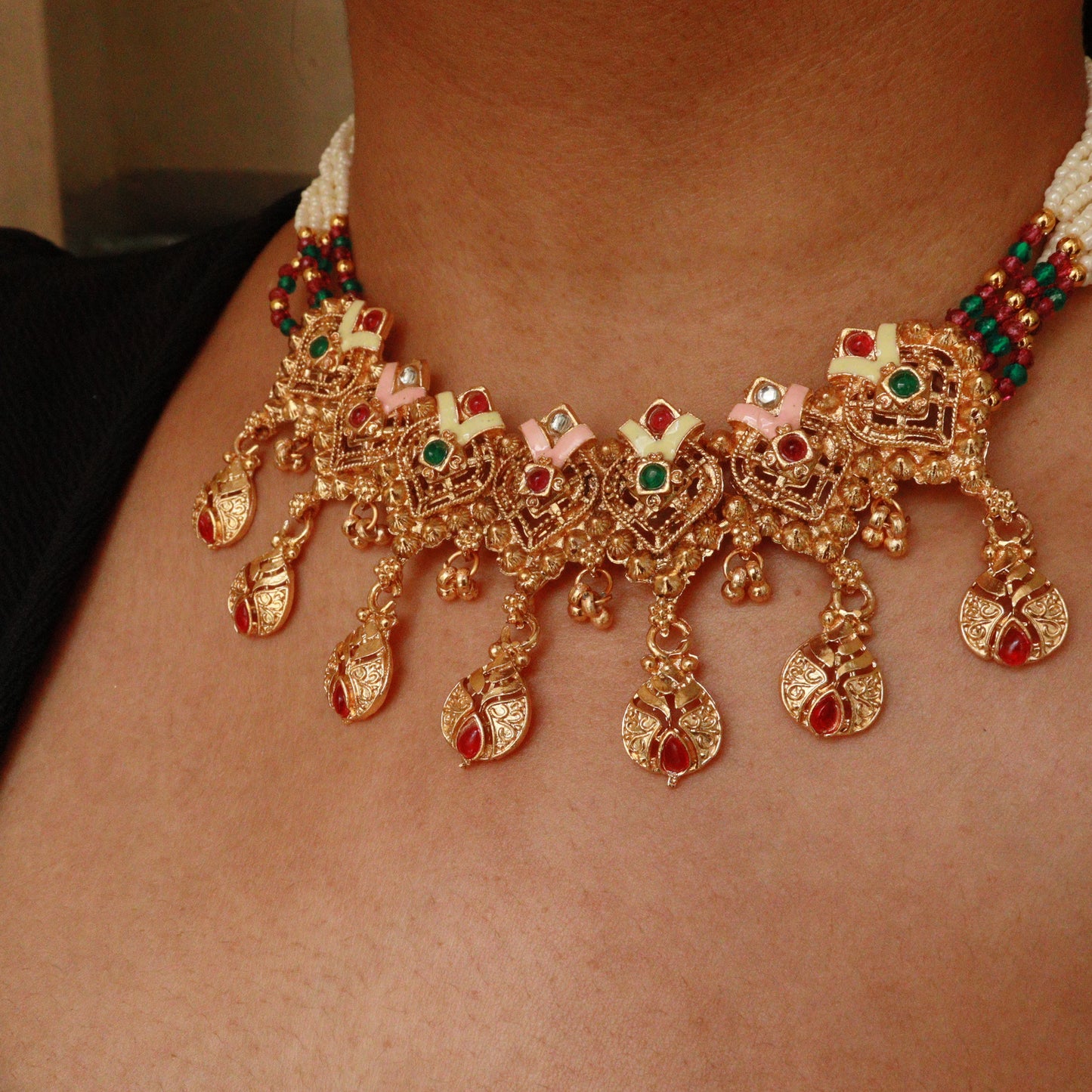 Temple Jewelry Set for Women – Antique Gold-Tone Choker Necklace with Earrings | Red & Green Stones | South Indian Bridal & Festive Wear