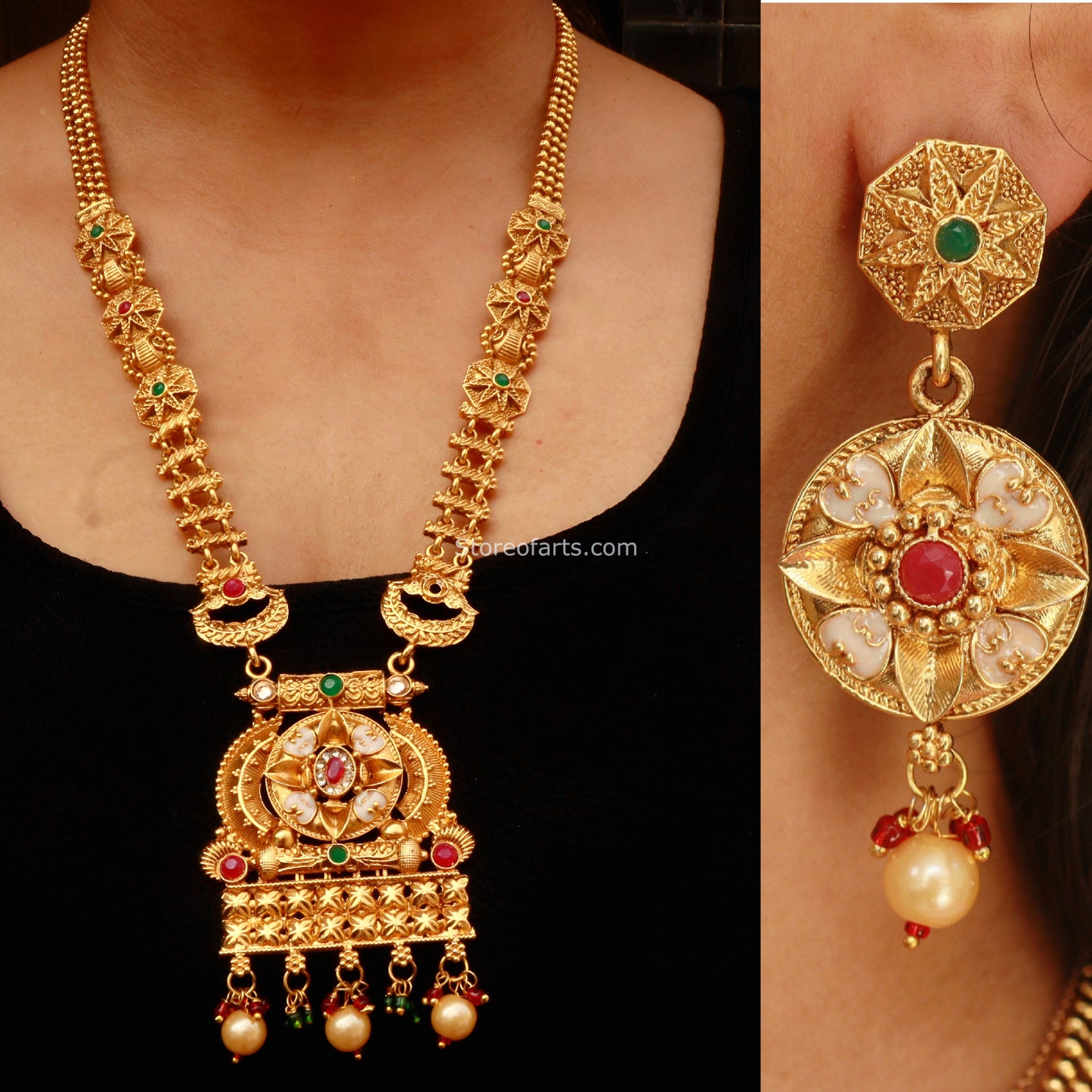 Long Temple Necklace Set with Pearl Drops