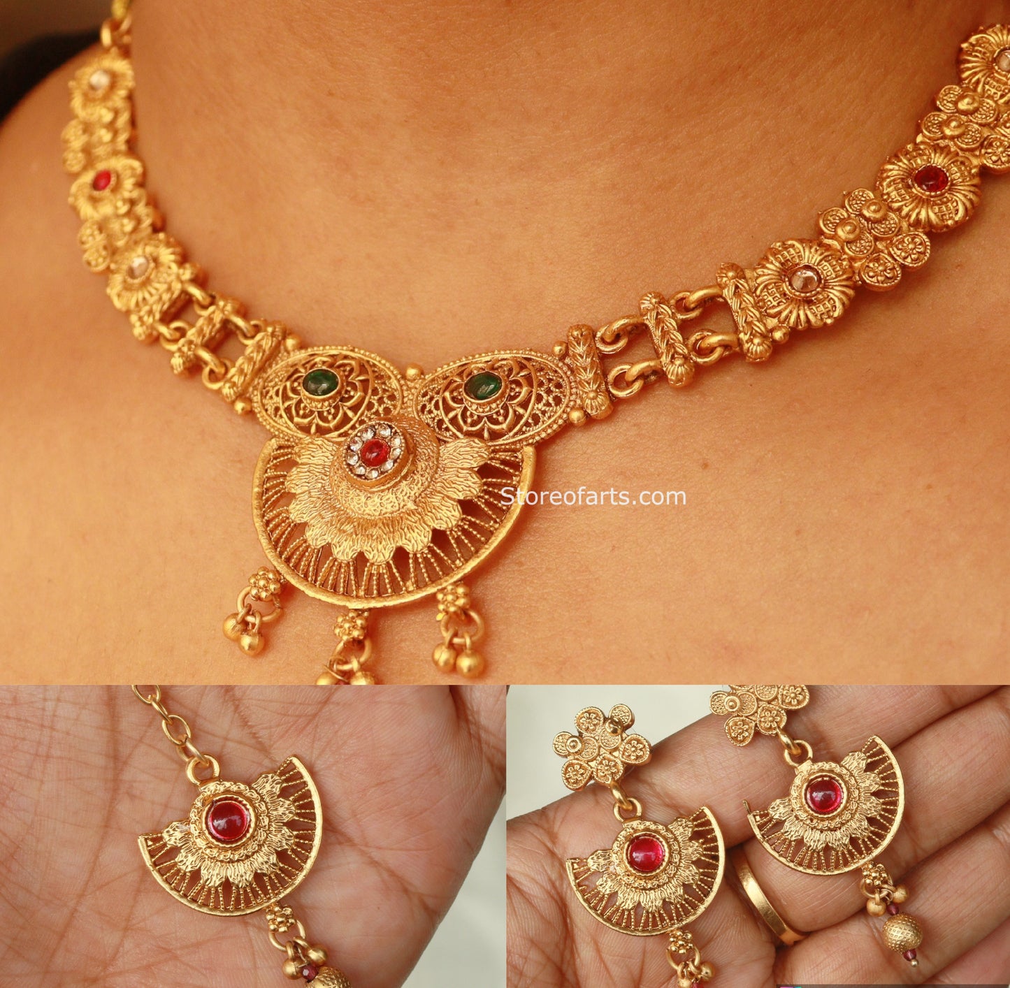 Beautiful Red Stone Temple Jewelry Set with Intricate Designs
