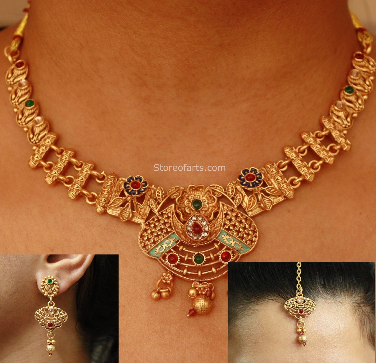 Gold Finish Temple Necklace jewelry with Floral Motifs
