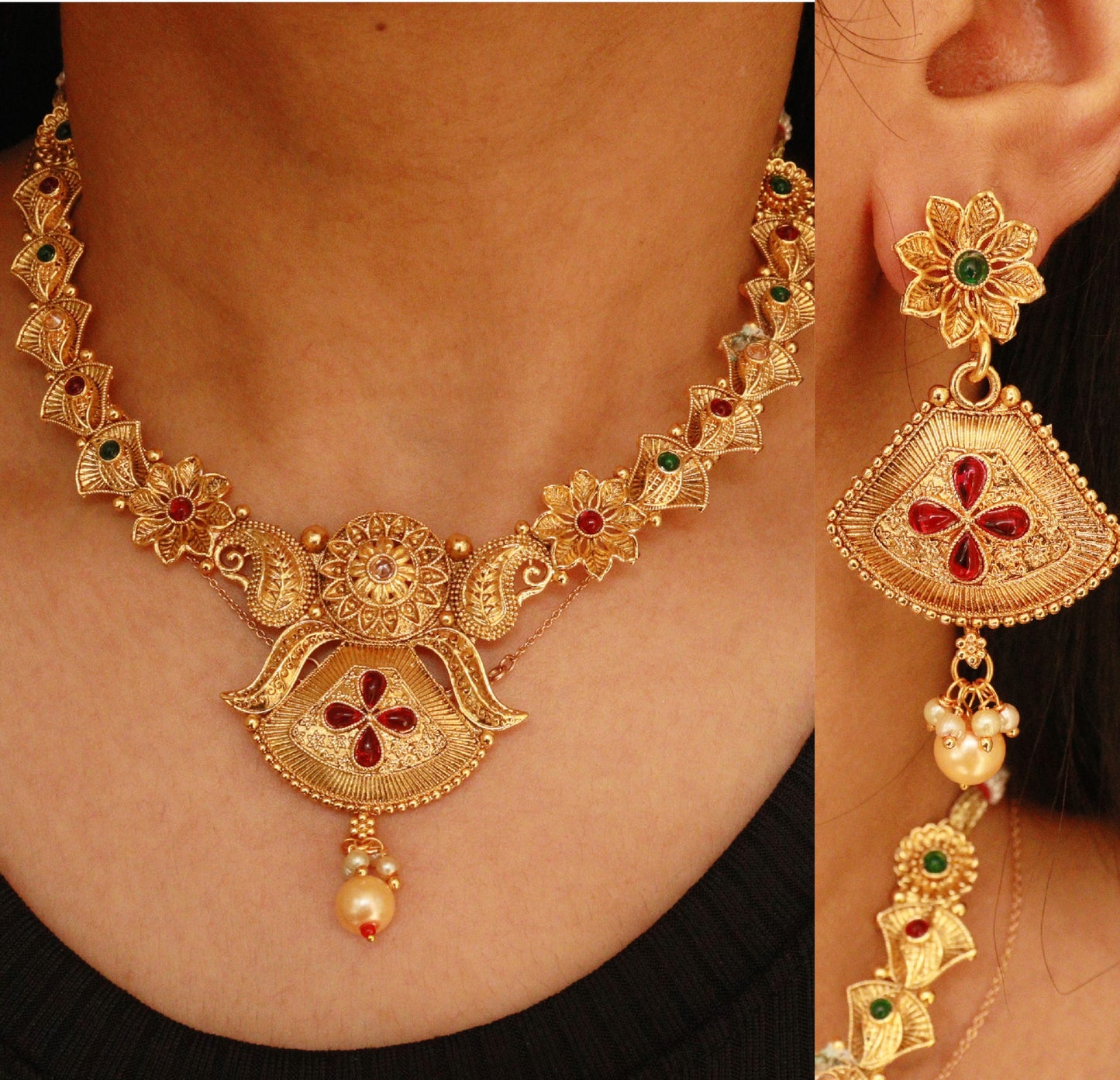 Gold Plated Temple Necklace Featuring Floral Patterns