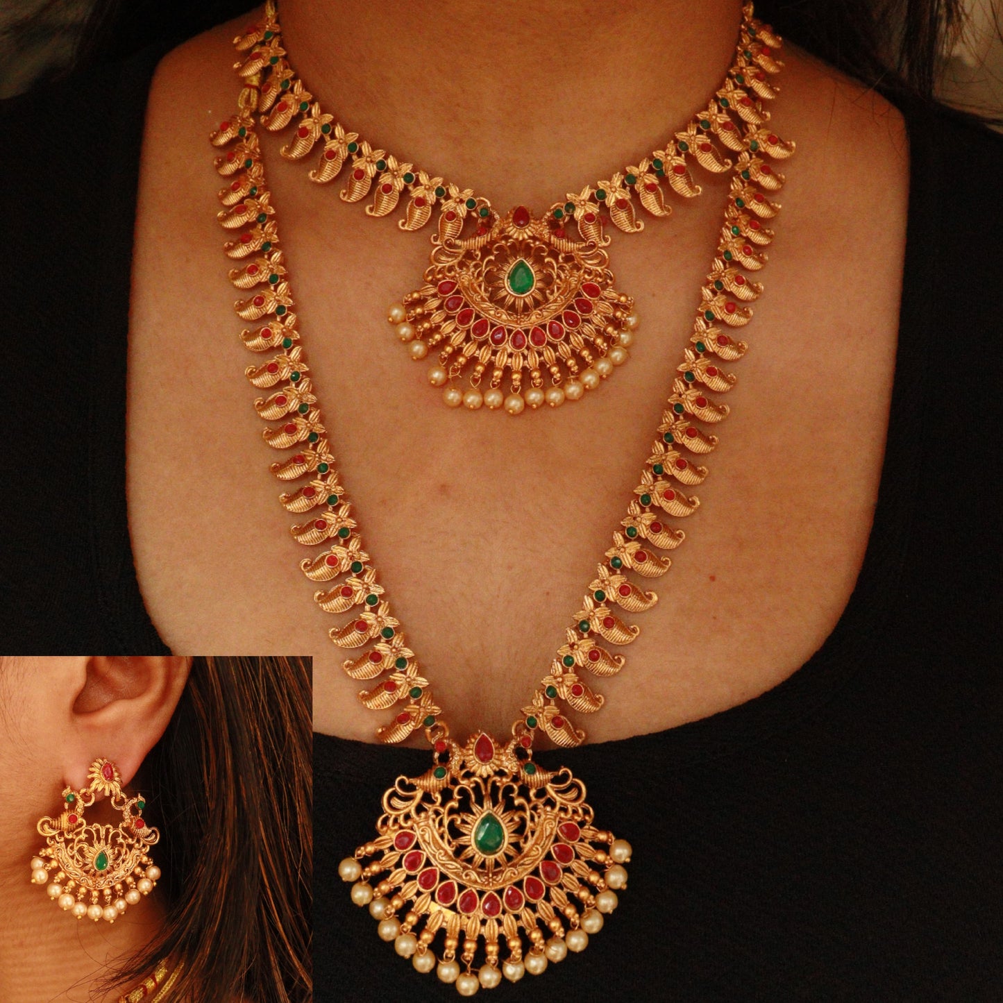 Elegant Double Layer Temple Necklace Set with Intricate Design and Traditional Charm