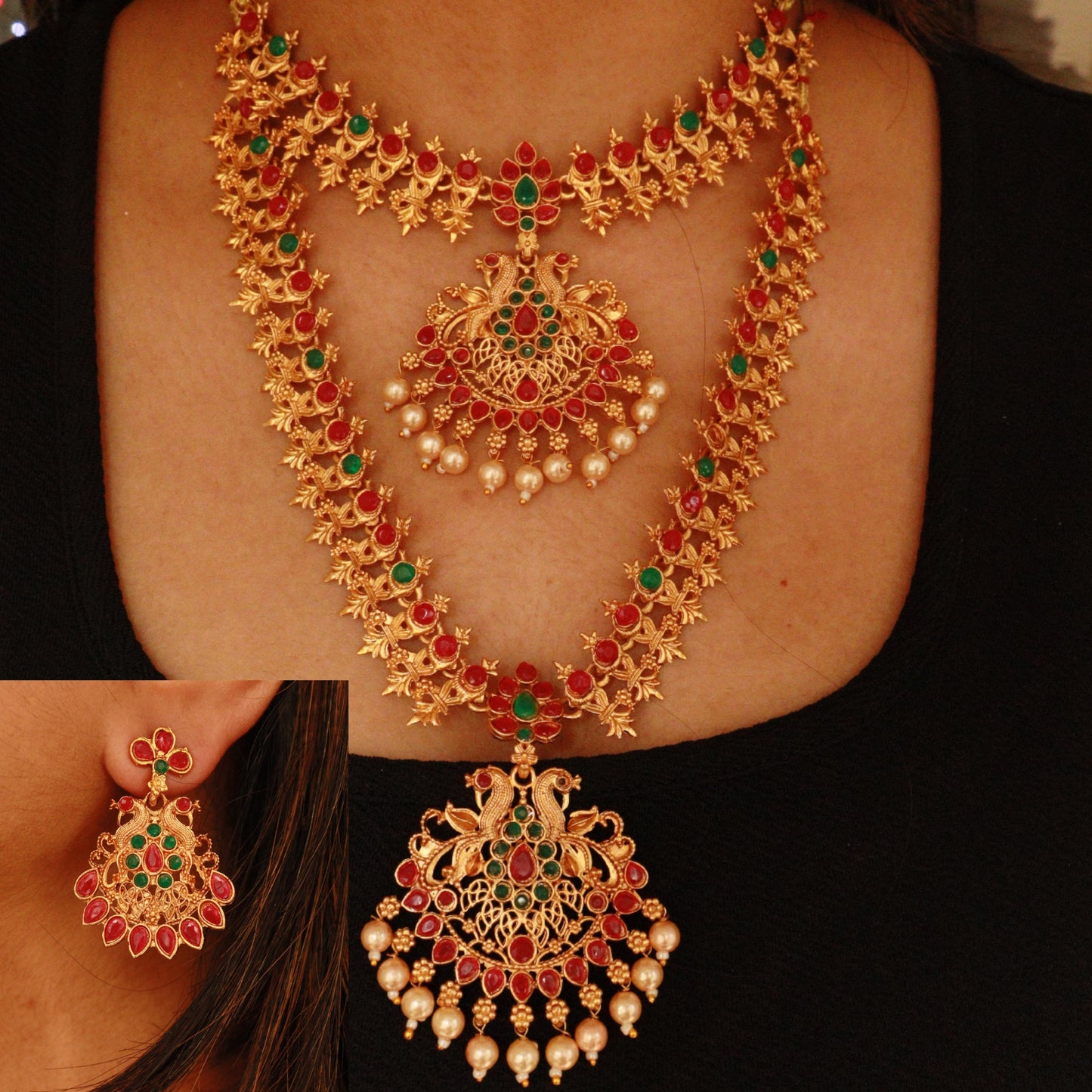 Elegant Double Layer Temple Jewelry Necklace Set with Intricate Design and Traditional Appeal