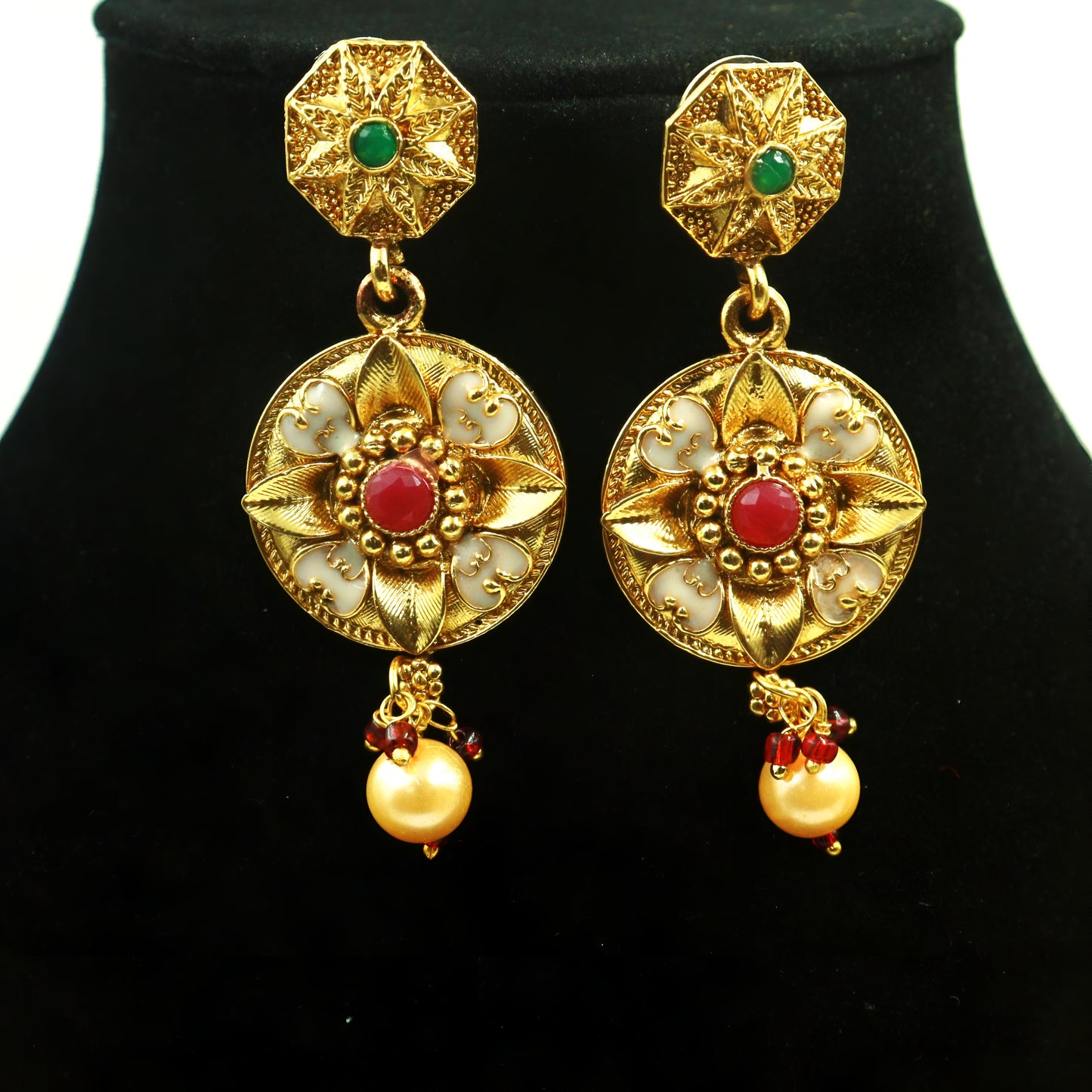 Long Temple Necklace Set with Pearl Drops