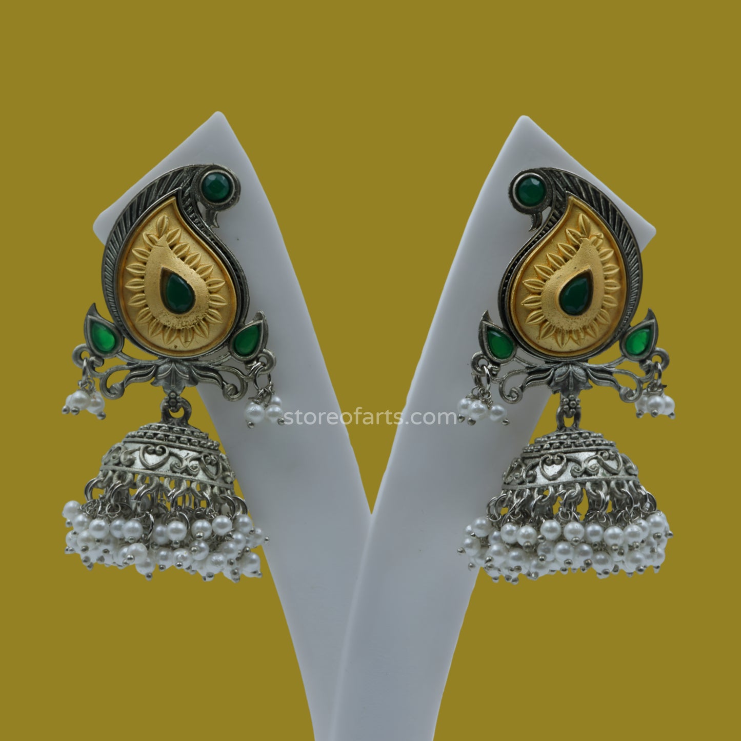 German Silver Green Jhumki Earrings for Women