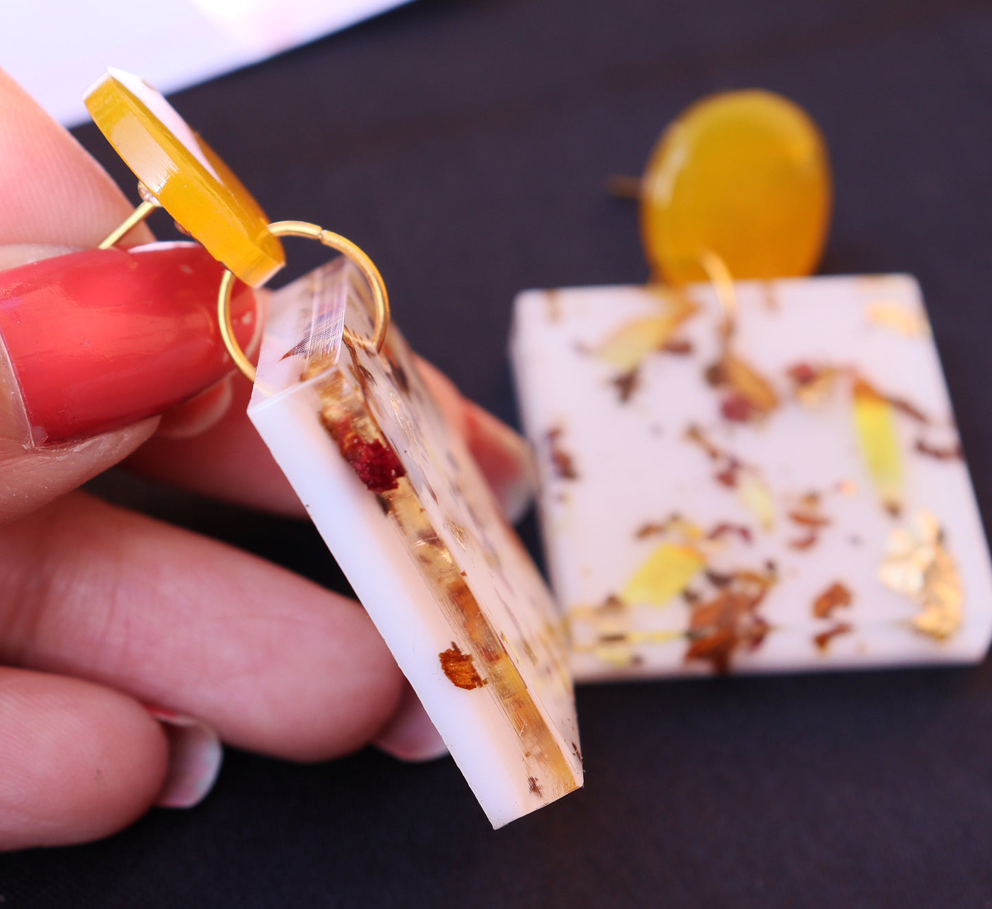 Nature inspired square shaped white handmade resin earring for women