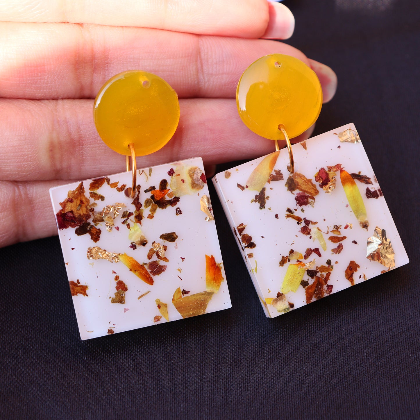Nature inspired square shaped white handmade resin earring for women