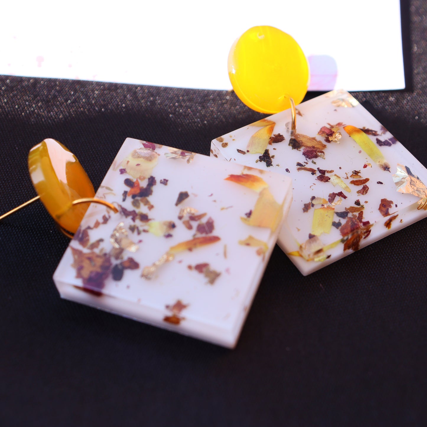 Nature inspired square shaped white handmade resin earring for women