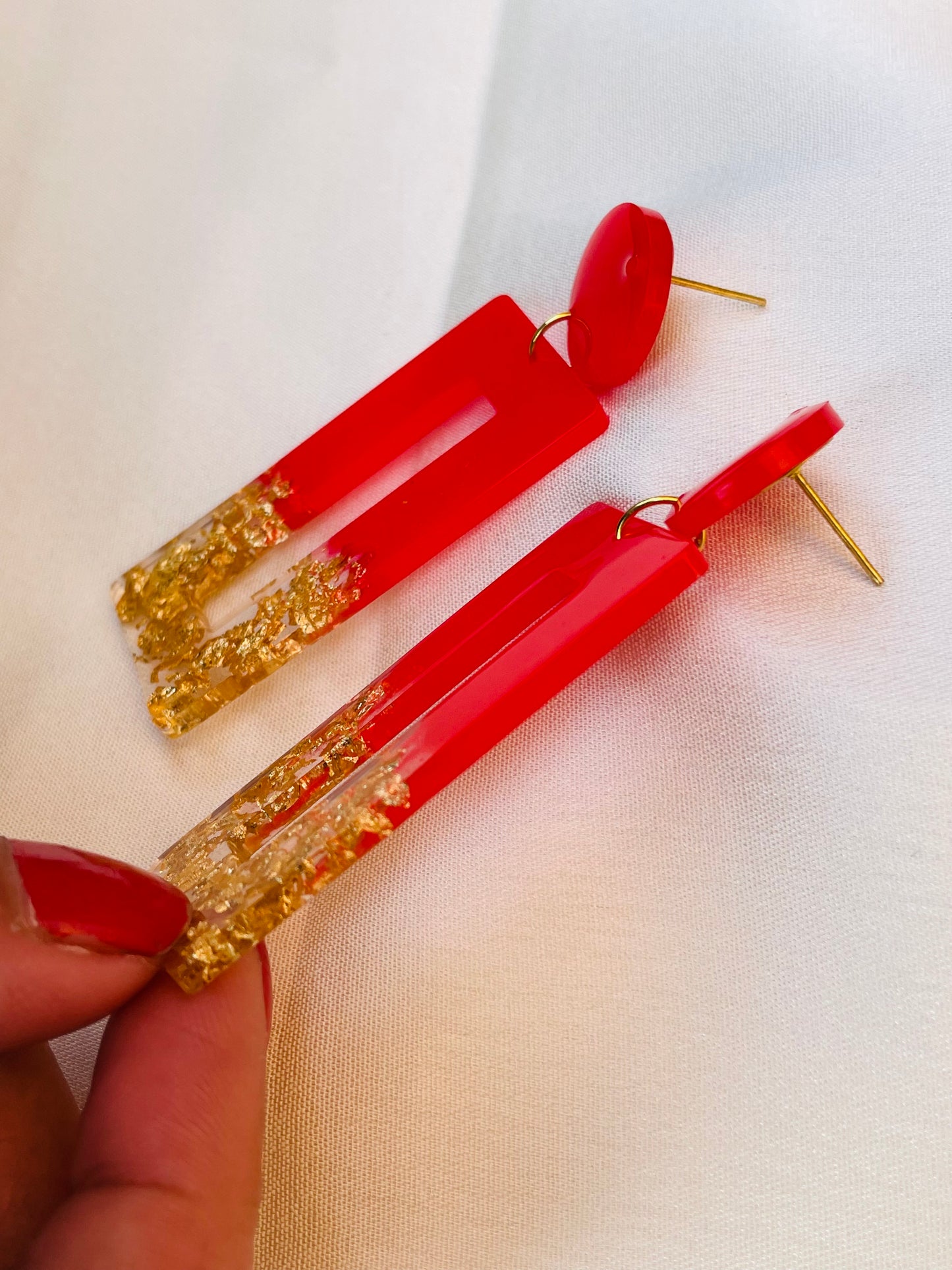 Store_of_arts (pp creations) Rectangular shape drop handmade earrings for women, Set of 1 (Red and Gold)