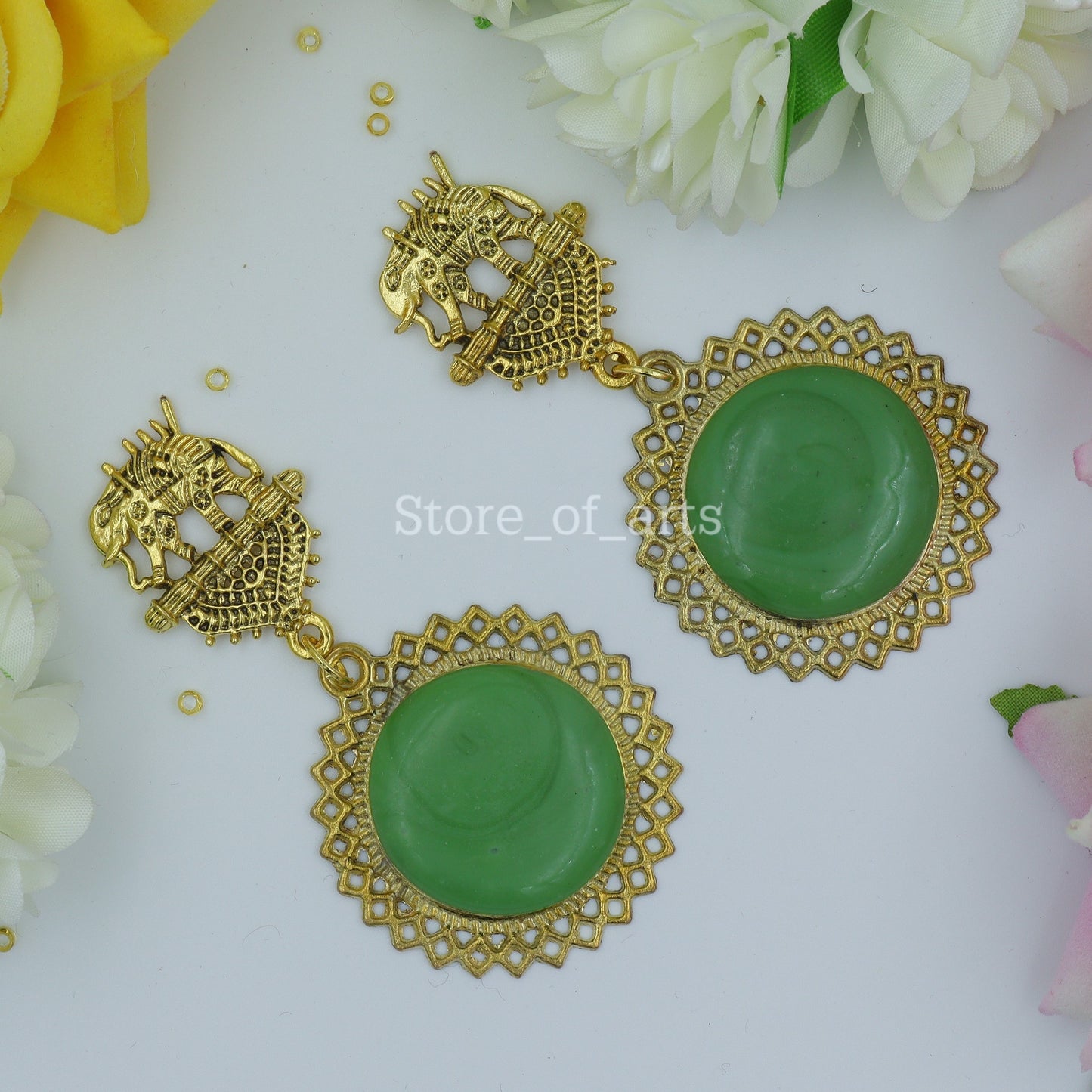 Gold Oxidized Elephant Earrings for women (Green color)