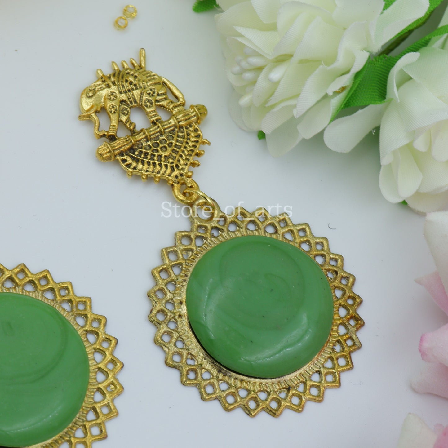 Gold Oxidized Elephant Earrings for women (Green color)