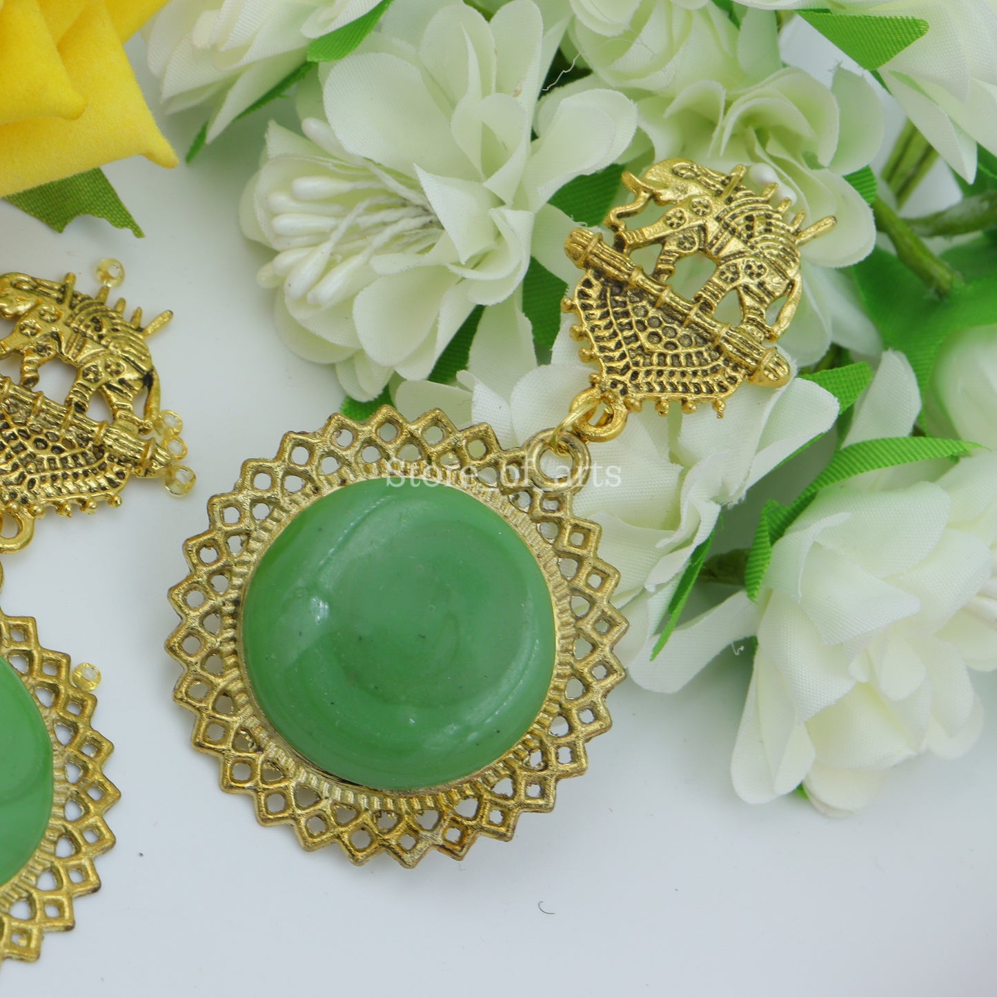 Gold Oxidized Elephant Earrings for women (Green color)