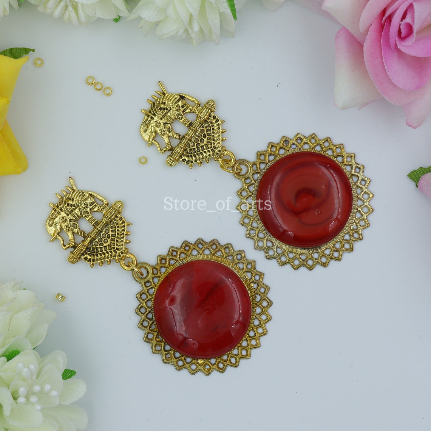 Gold Oxidized Elephant Earrings for women (Red color)