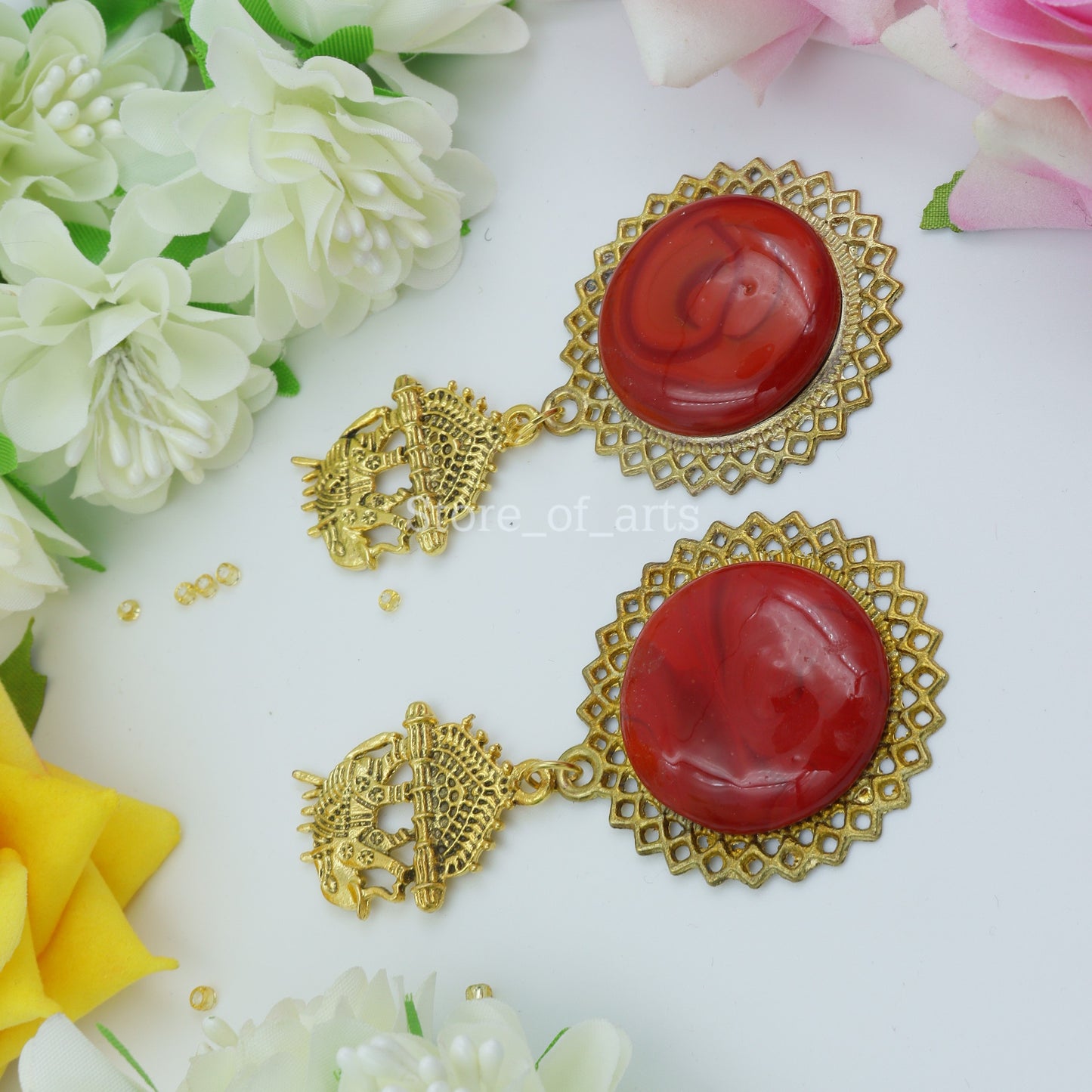 Gold Oxidized Elephant Earrings for women (Red color)