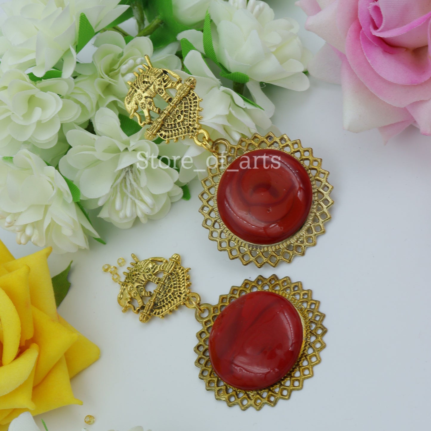 Gold Oxidized Elephant Earrings for women (Red color)