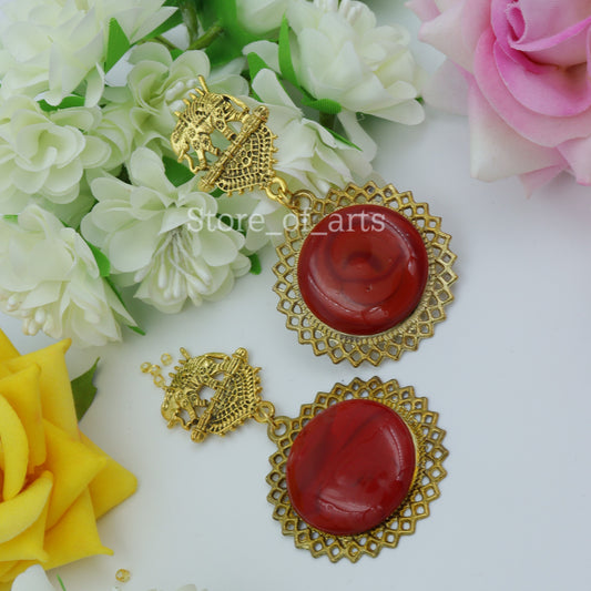 Gold Oxidized Elephant Earrings for women (Red color)