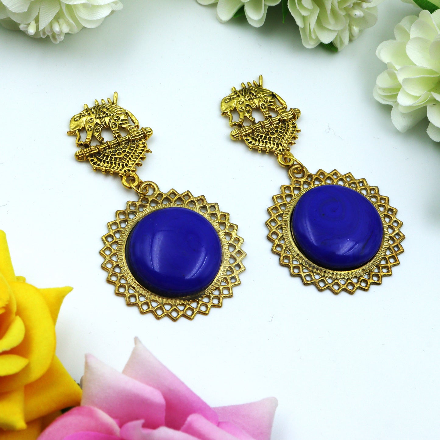 Dark Blue Gold Oxidized Elephant Earrings for women