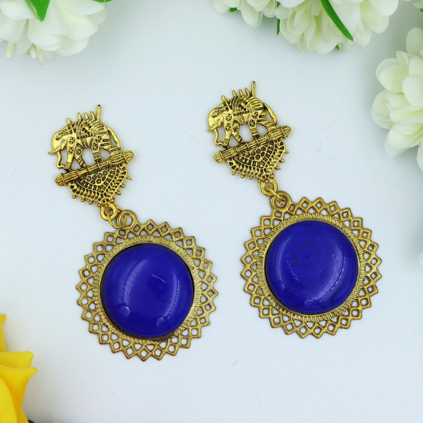 Dark Blue Gold Oxidized Elephant Earrings for women