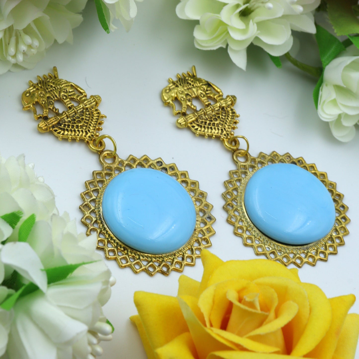 Sky Blue Gold Oxidized Elephant Earrings for women