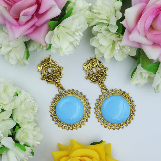 Sky Blue Gold Oxidized Elephant Earrings for women