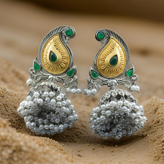 German Silver Green Jhumki Earrings for Women