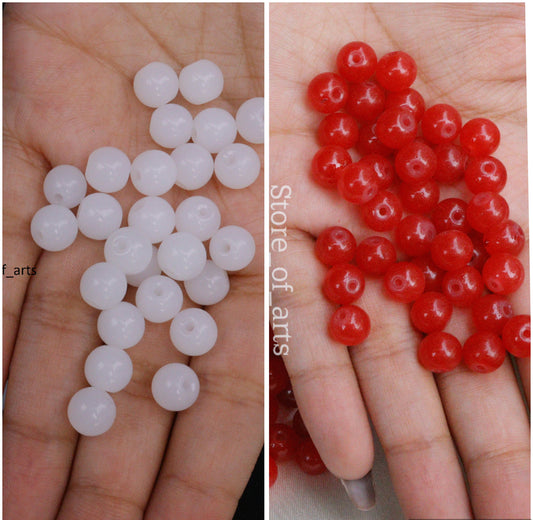 Glass beads of 8mm White and Red beads combo for jewelry making, DIY craft, other decoration items, Each pack contains 100pcs (Total 200pcs)