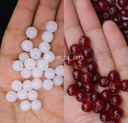 Glass beads of 8mm White and Maroon beads combo for jewelry making, DIY craft, other decoration items, Each pack contains 100pcs (Total 200pcs)