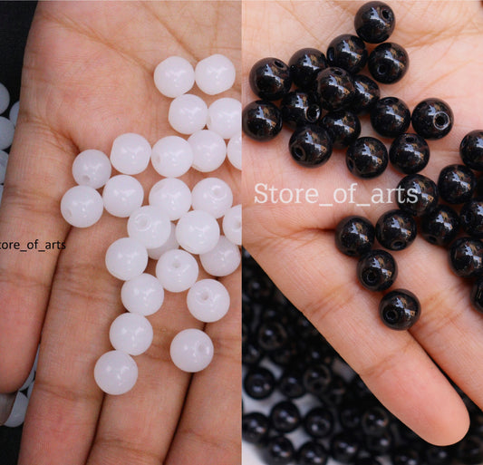 Glass beads of 8mm White and Black beads combo for jewelry making, Each pack contains 100pcs (Total 200pcs)