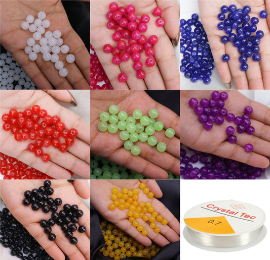 Multicolor 8mm Glass Beads Combo Pack with free Elastic Thread - 800 Beads (100 Beads per Color)