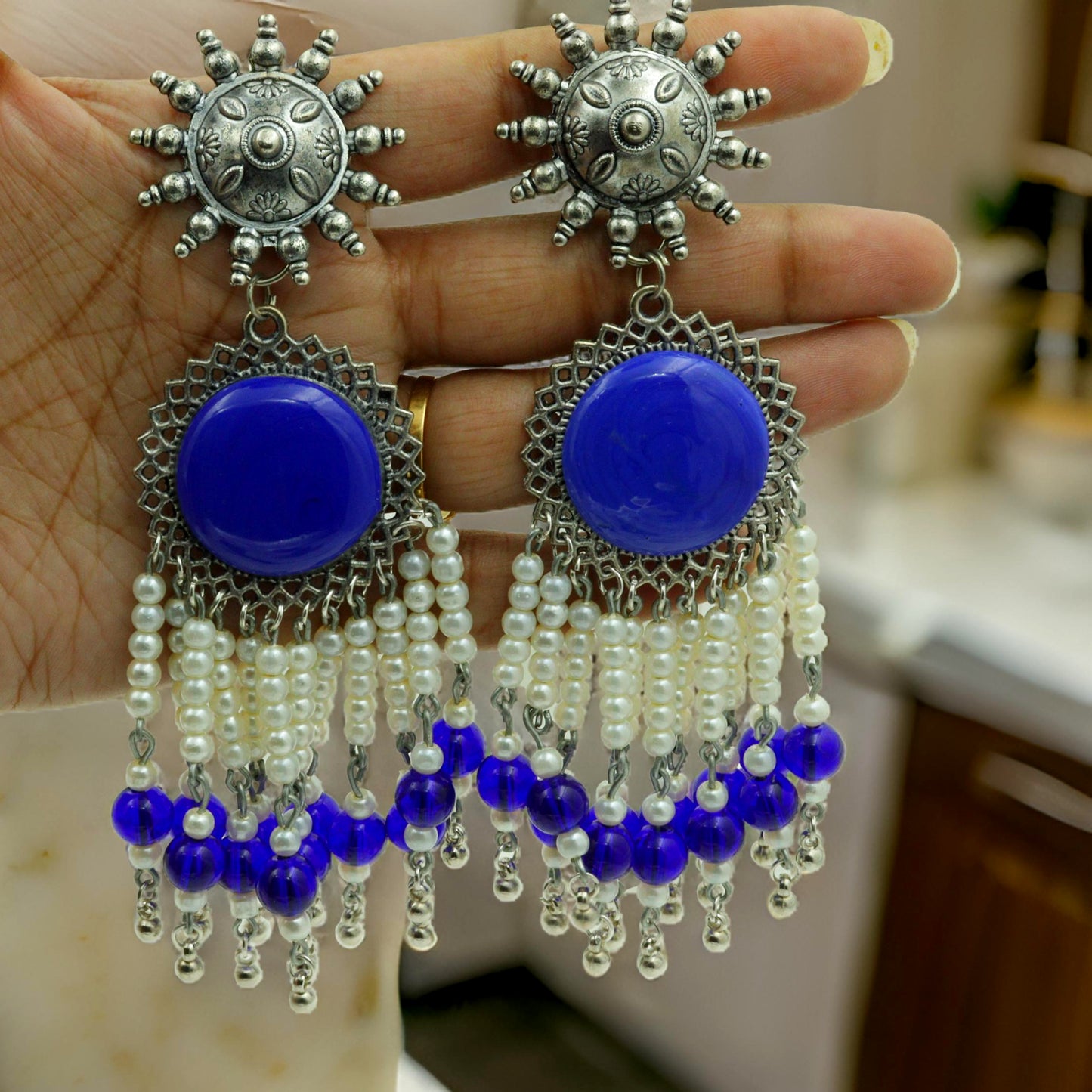 Handcrafted Blue Oxidized Beaded Earrings: Boho Chic Statement Jewelry