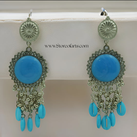 Handmade Oxidized Blue Stone Earrings with Elegant Beaded Detailing for Women