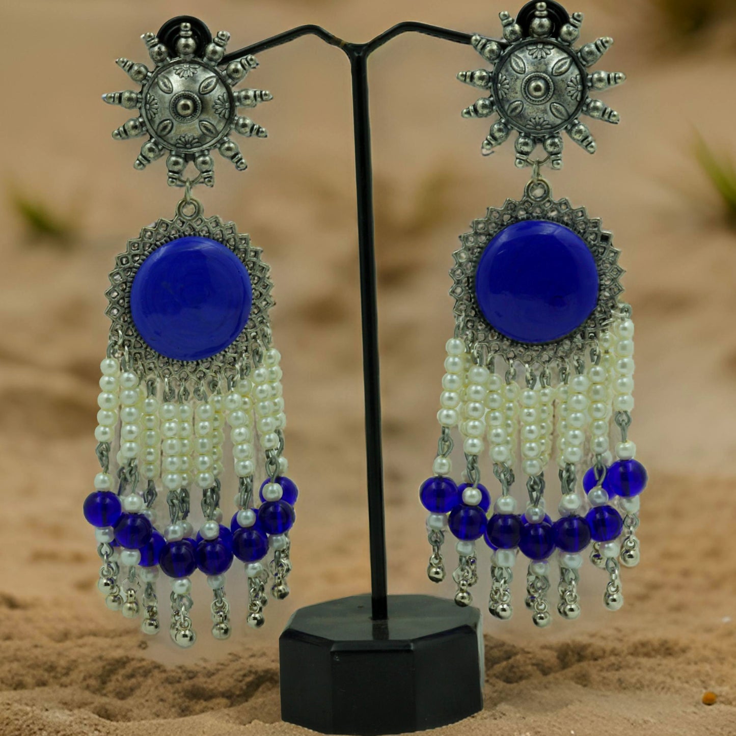 Handcrafted Blue Oxidized Beaded Earrings: Boho Chic Statement Jewelry