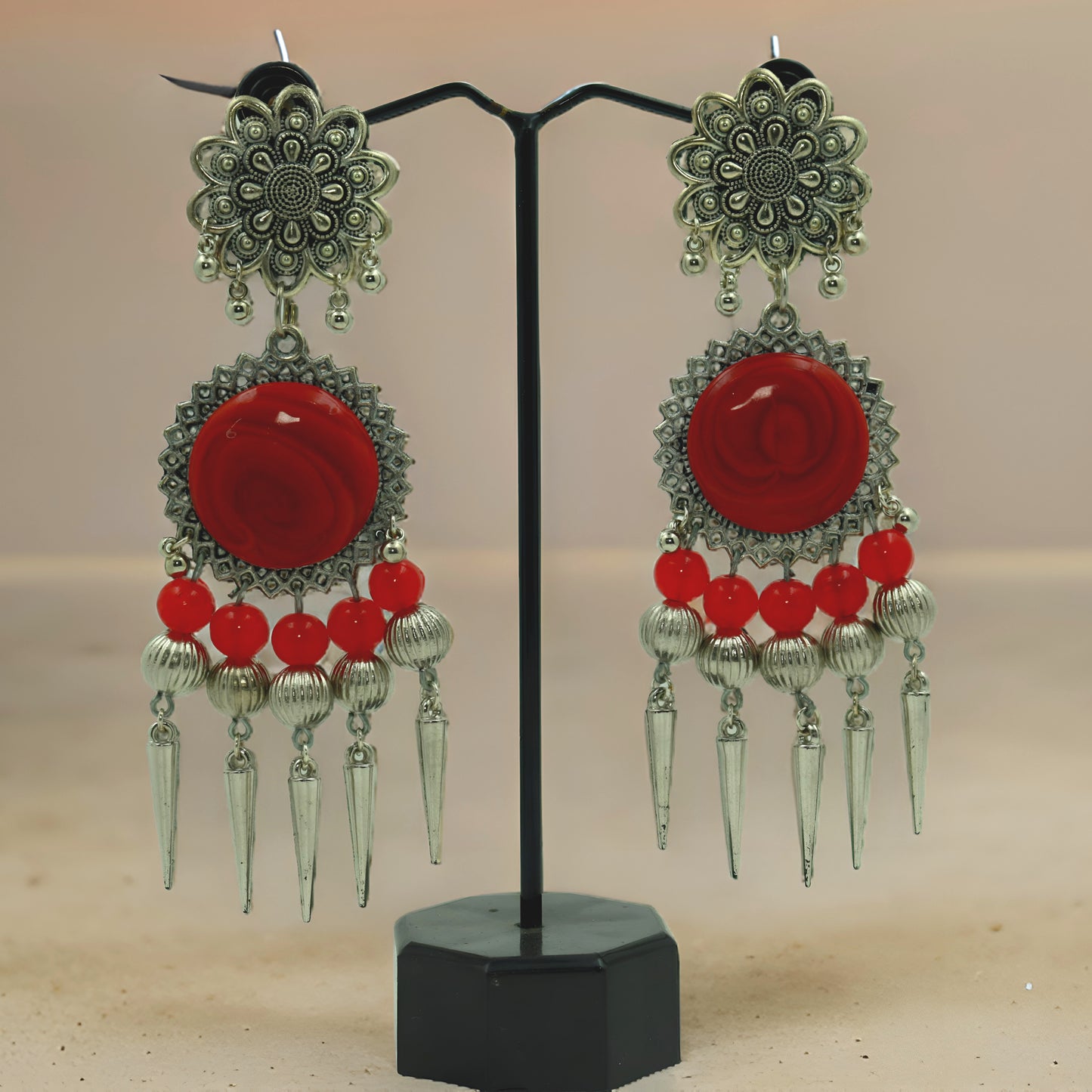 Handcrafted Red Stone Oxidized Earrings: Unique Women's Jewelry Collection