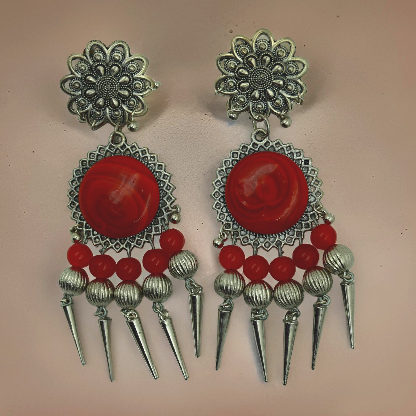 Handcrafted Red Stone Oxidized Earrings: Unique Women's Jewelry Collection