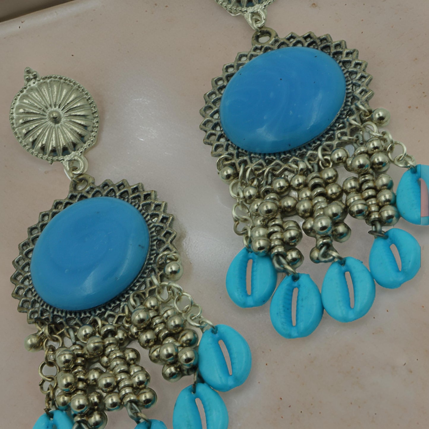 Handmade Oxidized Blue Stone Earrings with Elegant Beaded Detailing for Women