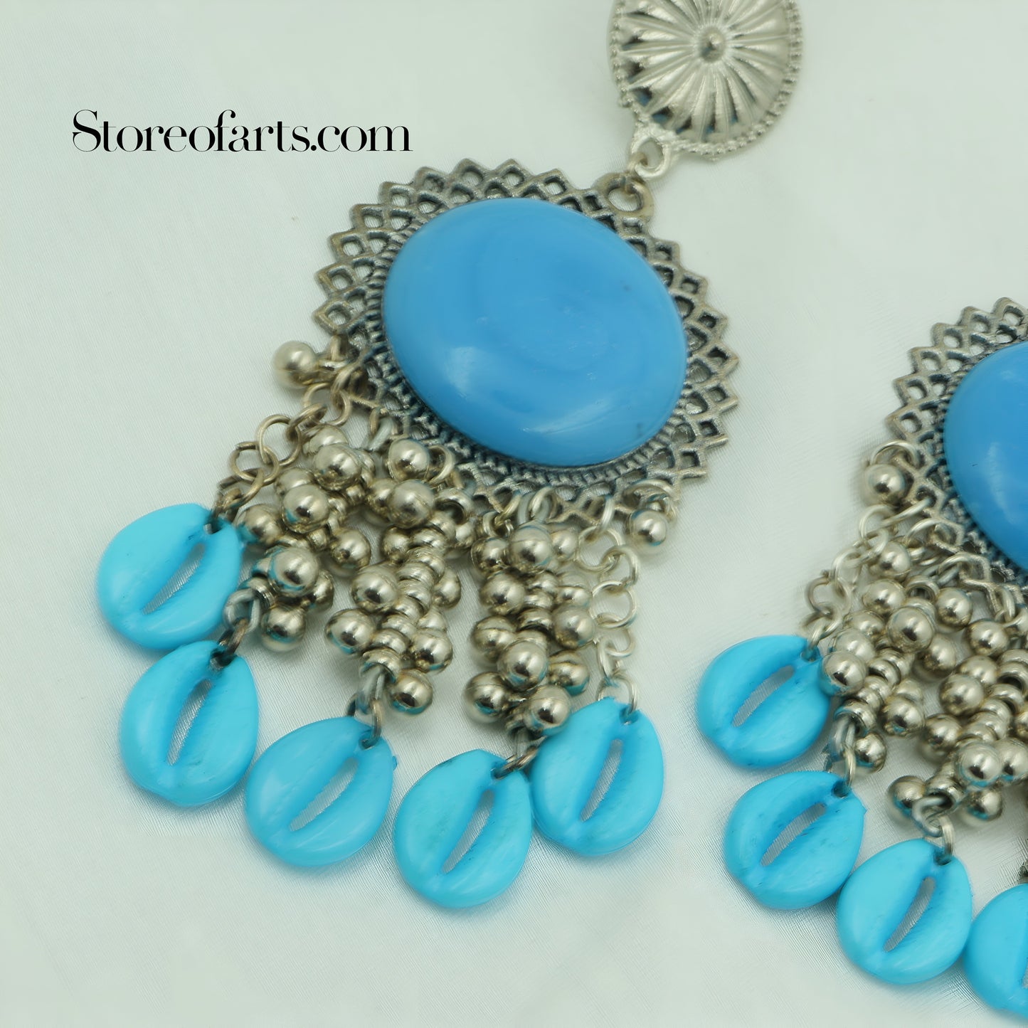 Handmade Oxidized Blue Stone Earrings with Elegant Beaded Detailing for Women