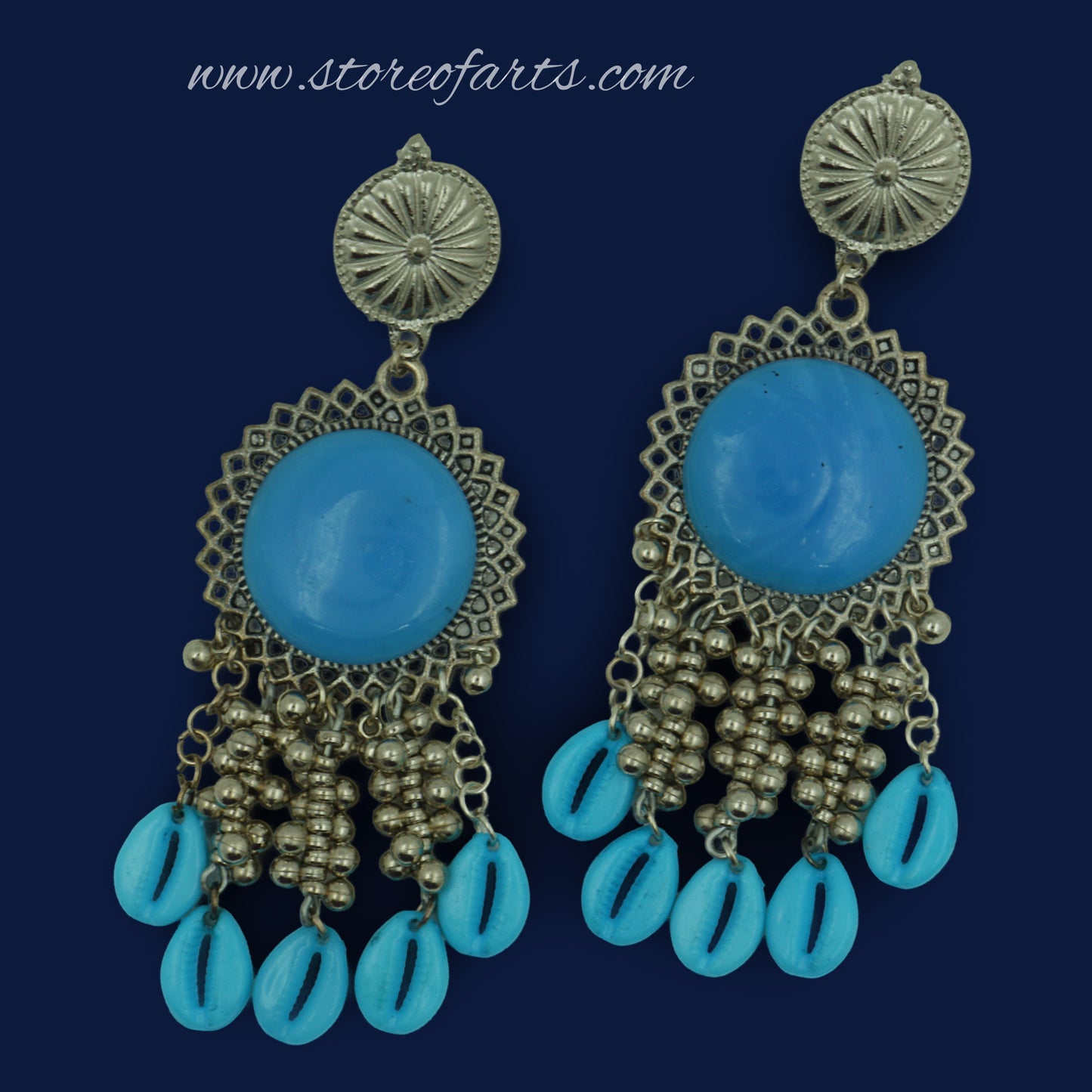 Handmade Oxidized Blue Stone Earrings with Elegant Beaded Detailing for Women