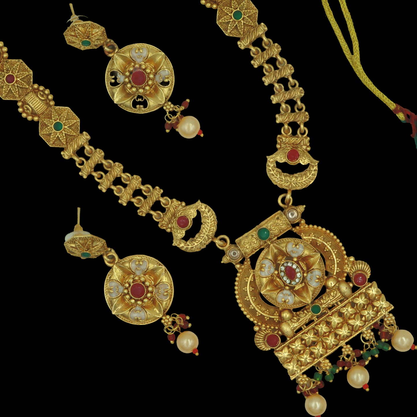 Long Temple Necklace Set with Pearl Drops