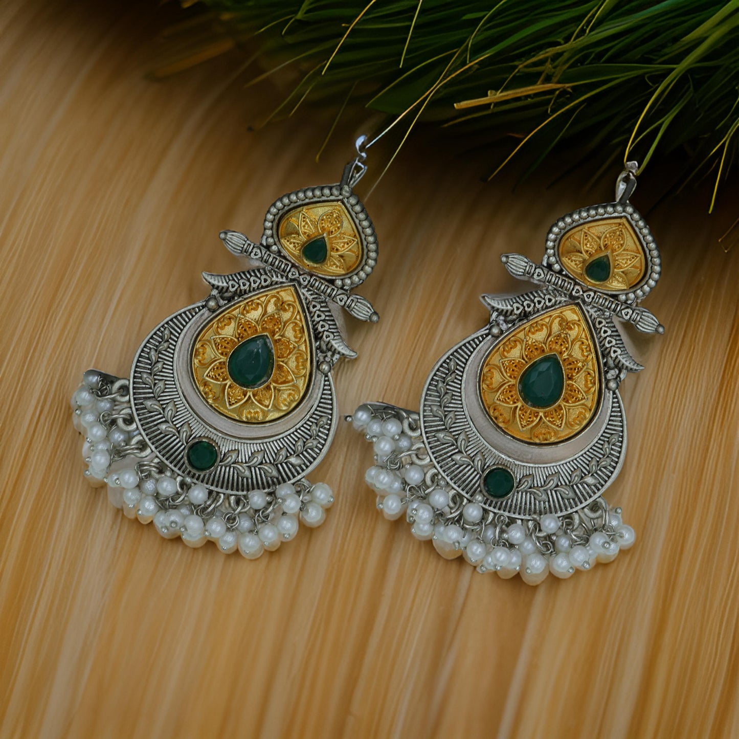 Antique German Silver Green with gold Earrings for Women