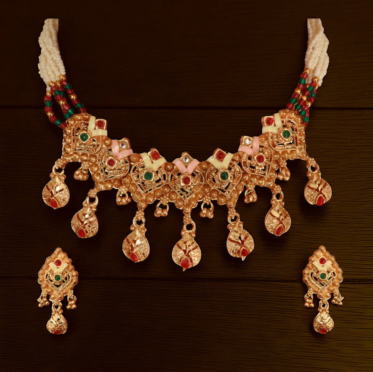 Temple Jewelry Set for Women – Antique Gold-Tone Choker Necklace with Earrings | Red & Green Stones | South Indian Bridal & Festive Wear