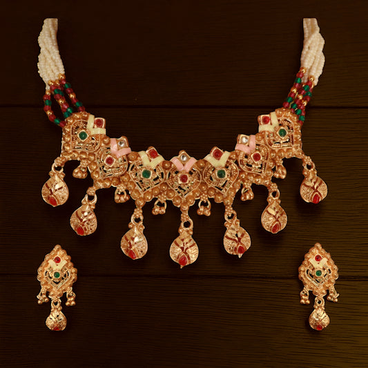 Temple Jewelry Set for Women – Antique Gold-Tone Choker Necklace with Earrings | Red & Green Stones | South Indian Bridal & Festive Wear